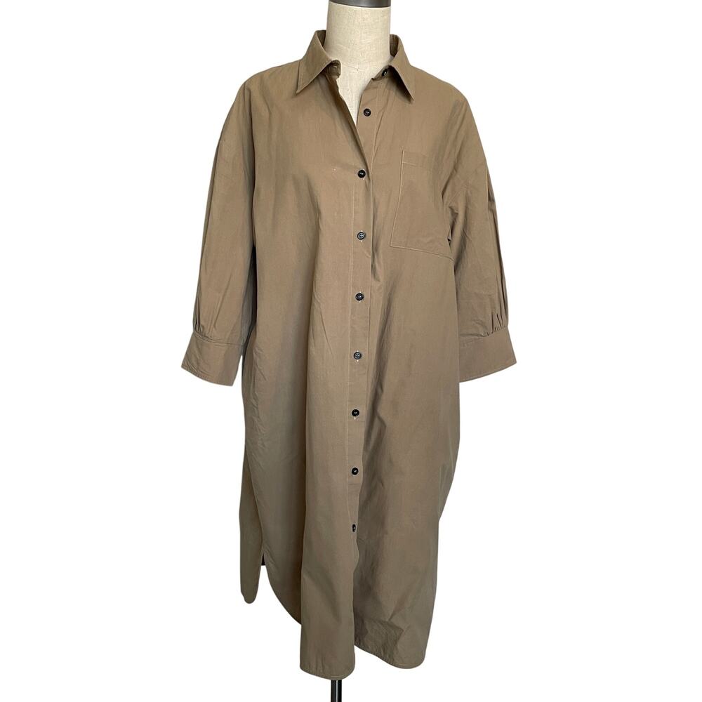 MOD REF Khaki Tan Cotton Button Front Shirt Dress Pockets M